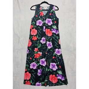 Stan Herman Dress S Hawaiian Floral Maxi Long Shift Sleeveless Red Purple Black